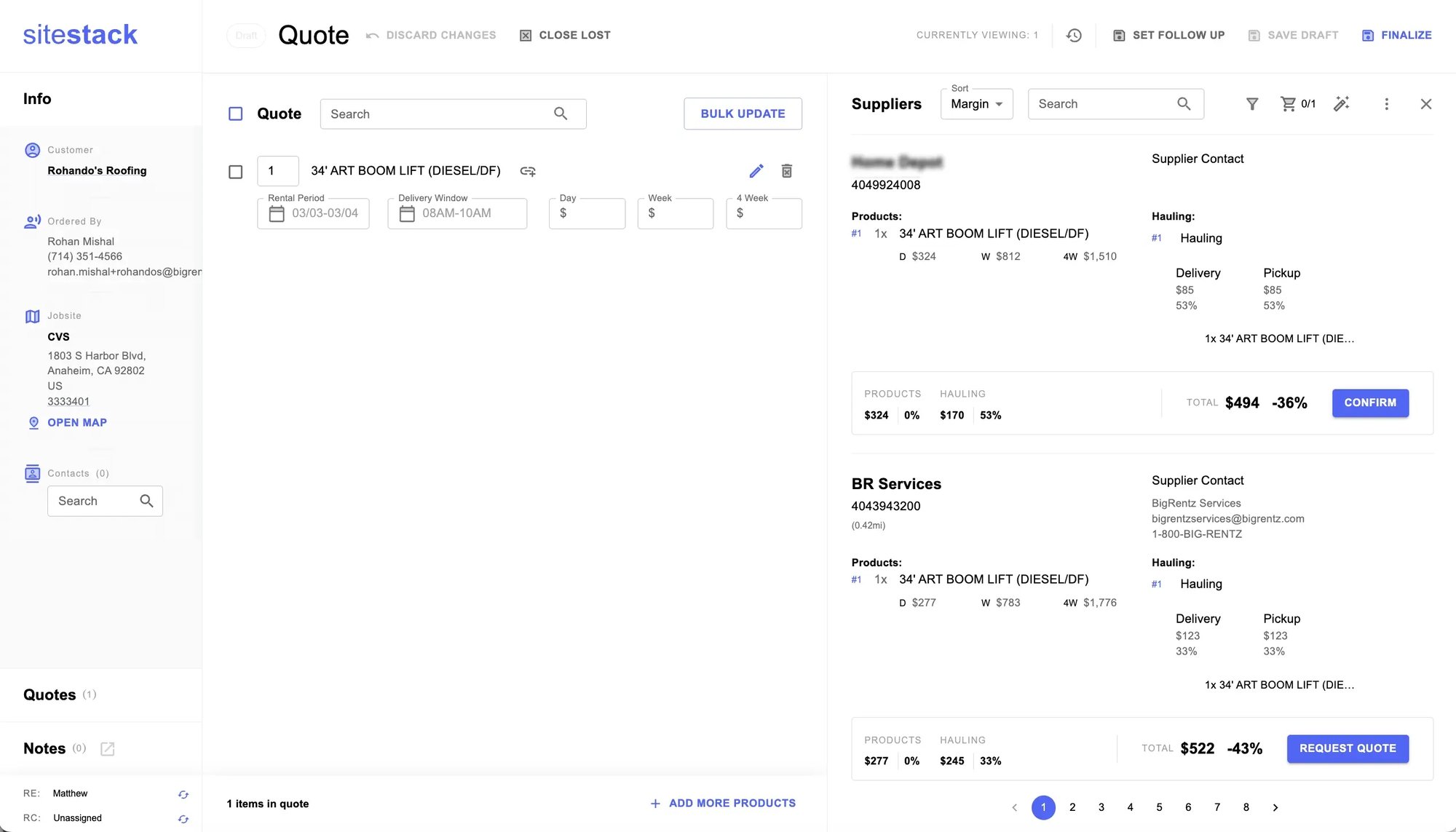 Construction procurement dashboard showing supplier ranking