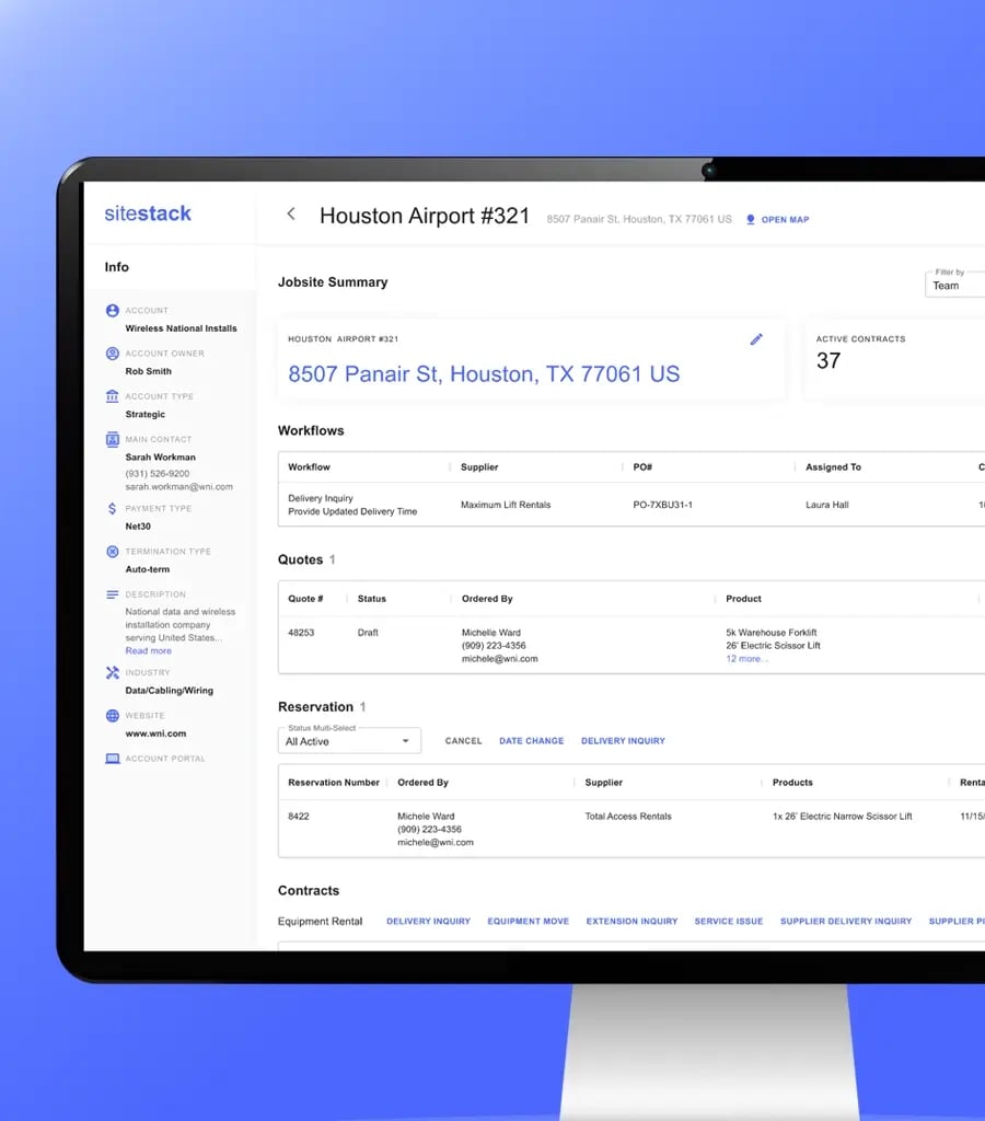 Construction procurement dashboard showing jobsite summary